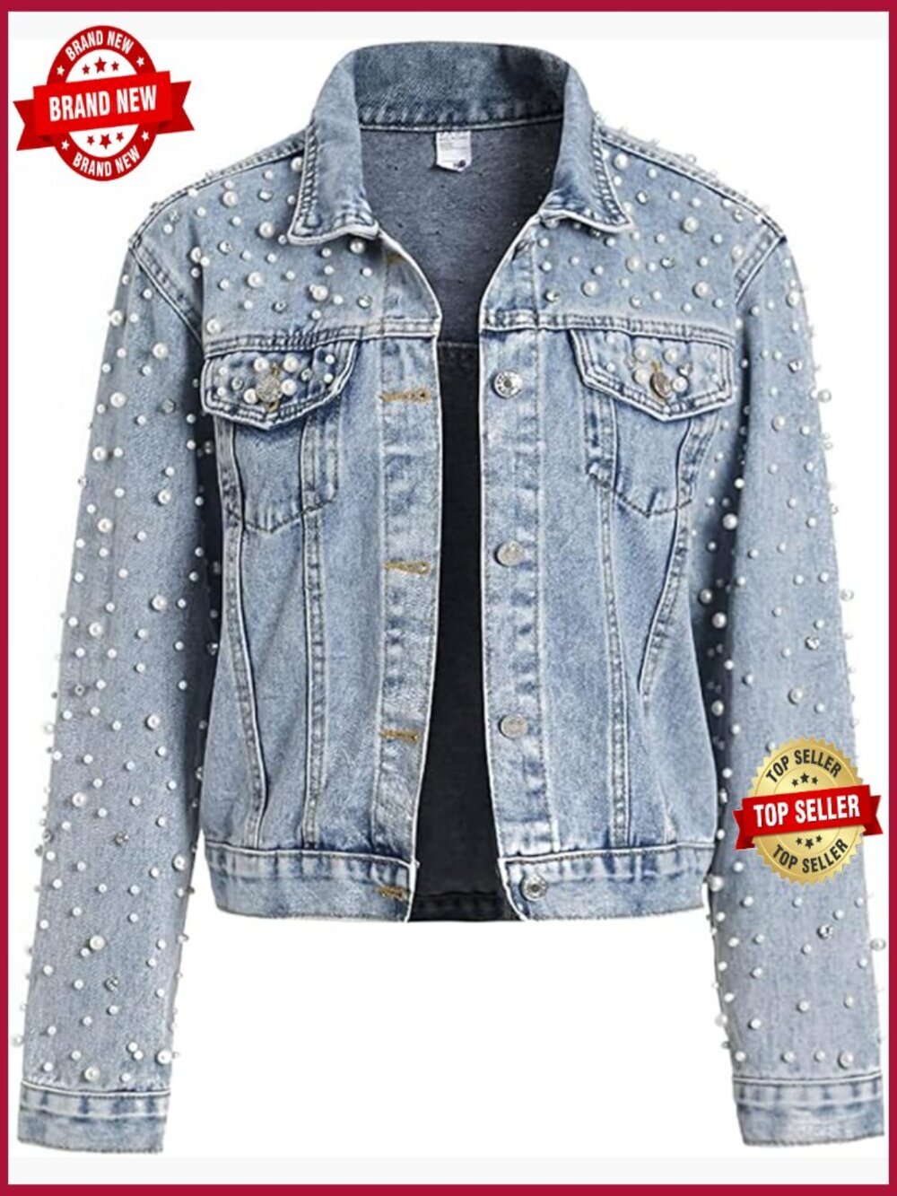 Cropped Pearls Rhinestone Denim Jacket Jean Coat
